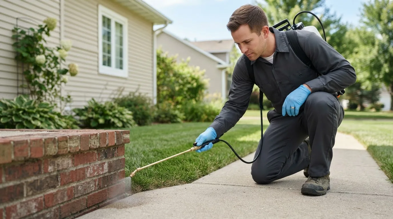 Pest control technician treating a home near Appomattox, VA