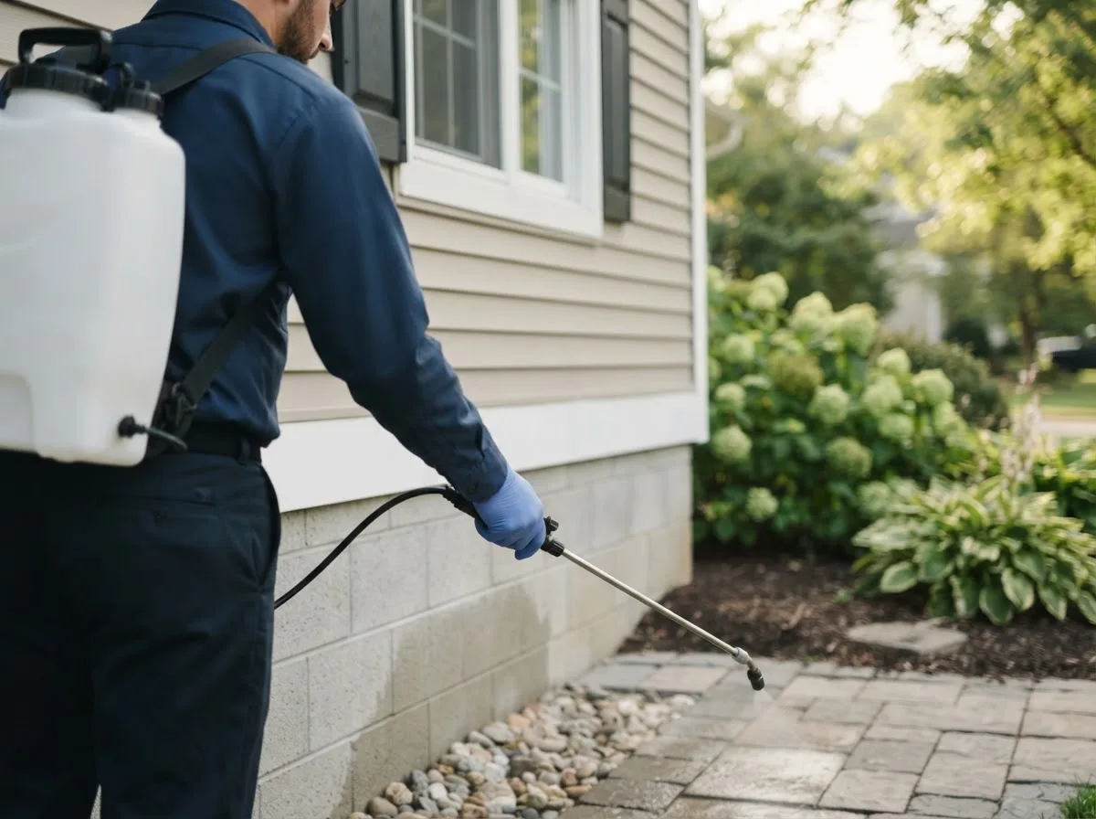 Pest control technician inspecting a home in Appomattox, VA